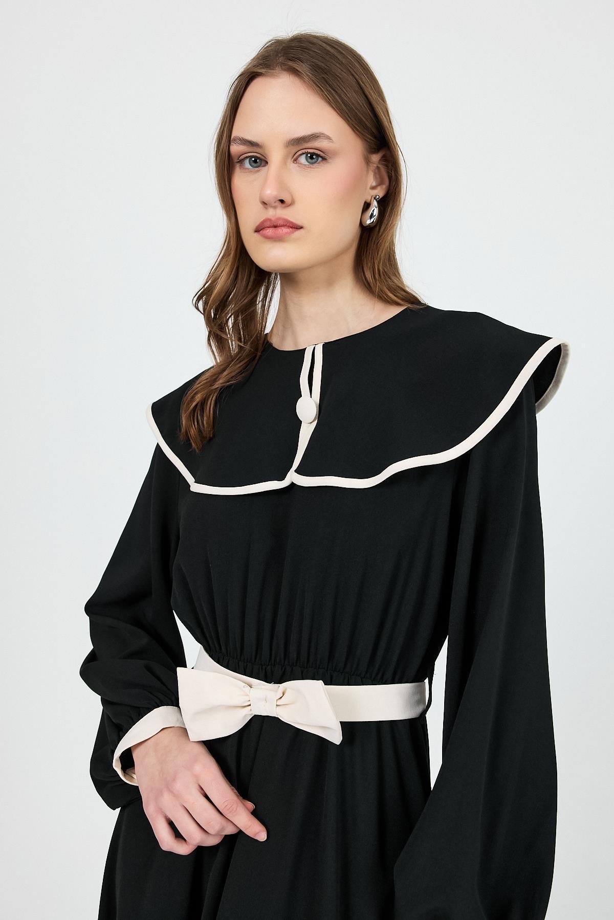 Siyah Biye Detaylı Bebe Yaka Elbise 4413A - 6