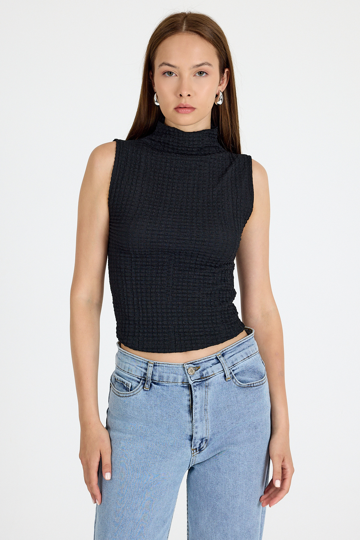 Siyah Bürümcük Kumaş Dik Yaka Kolsuz Bluz 3458 - RAYS