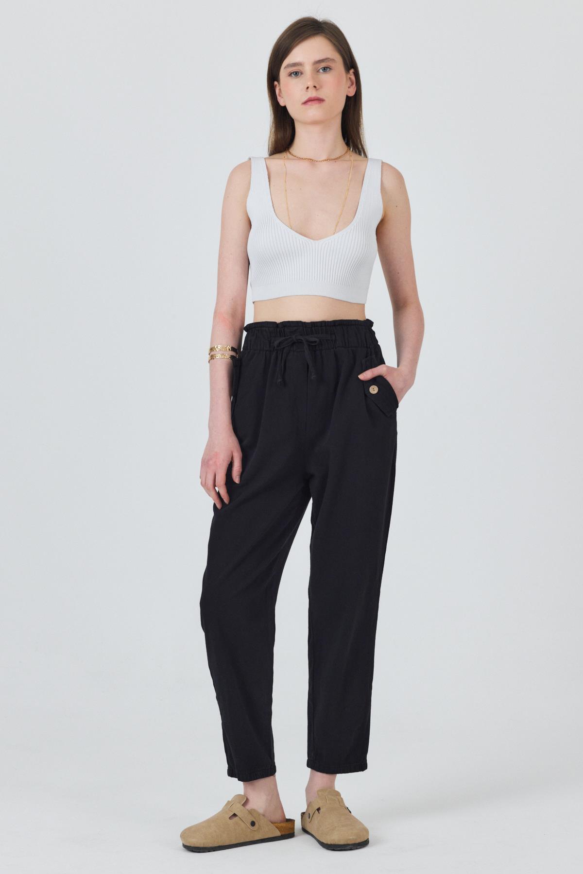 Siyah Cep Düğme Detaylı Bel Lastikli Pantolon 006 - RAYS