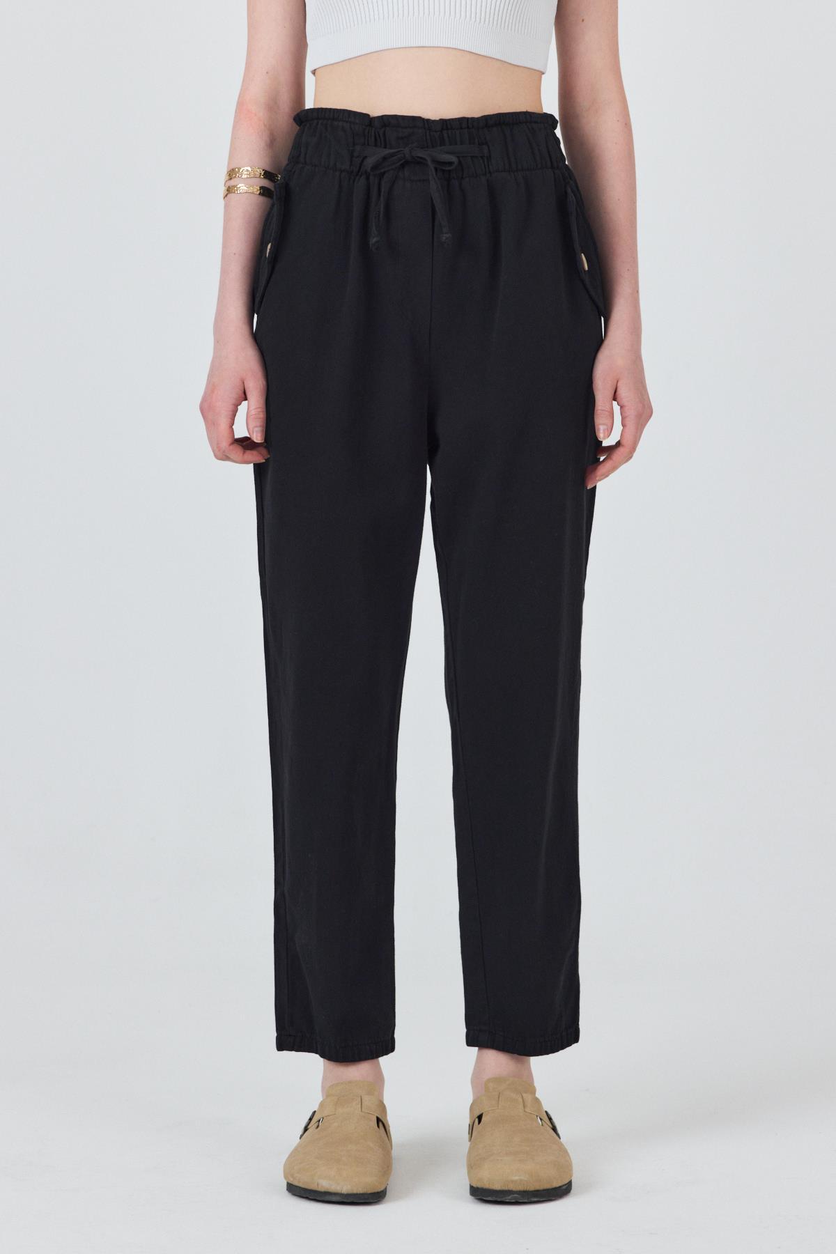 Siyah Cep Düğme Detaylı Bel Lastikli Pantolon 006 - RAYS