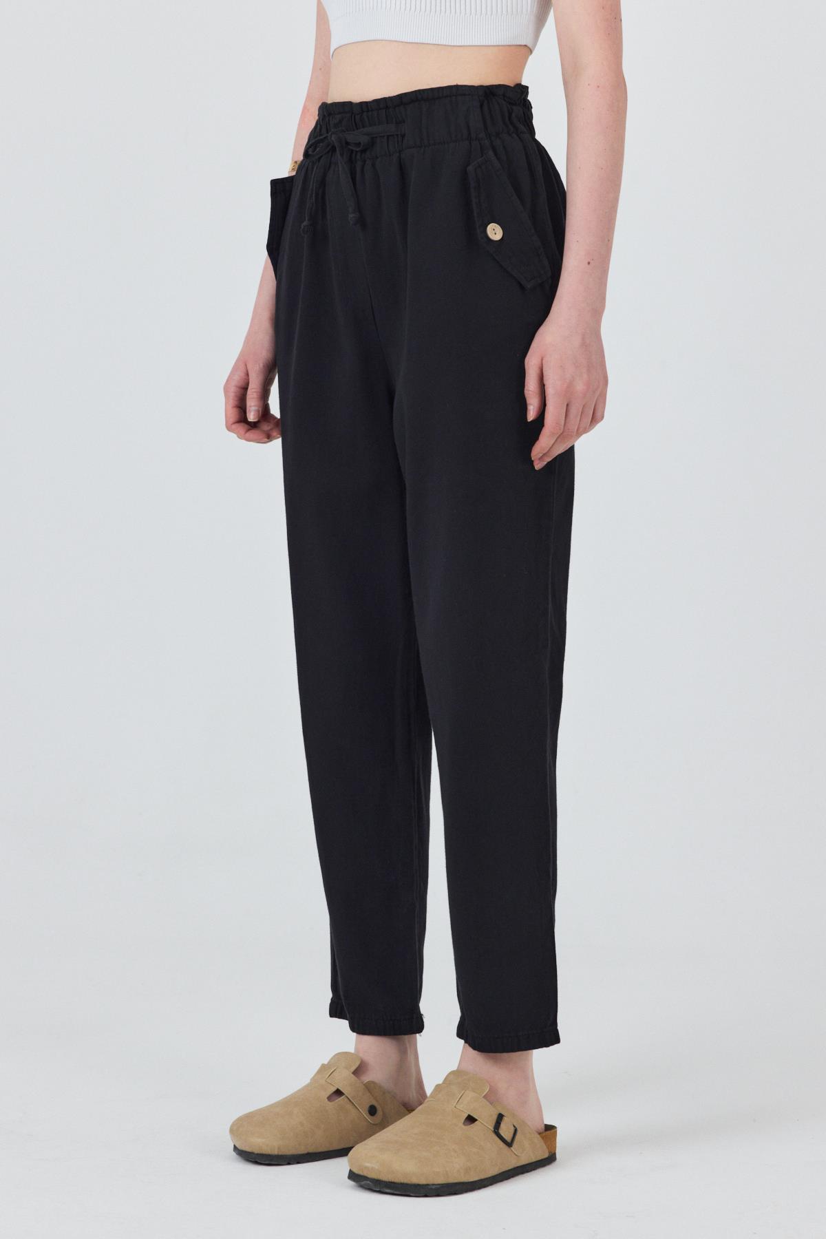 Siyah Cep Düğme Detaylı Bel Lastikli Pantolon 006 - 6