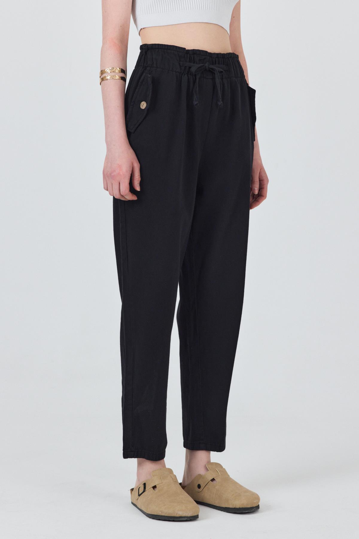 Siyah Cep Düğme Detaylı Bel Lastikli Pantolon 006 - 7
