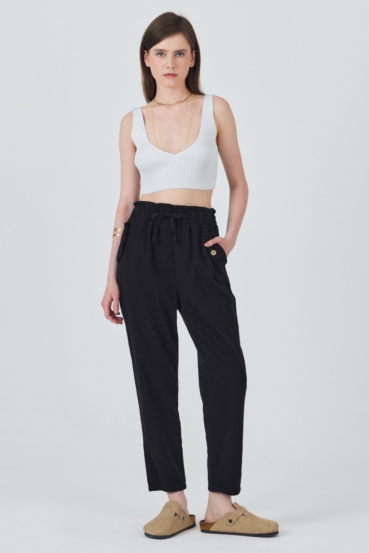 Siyah Cep Düğme Detaylı Bel Lastikli Pantolon 006 - 8
