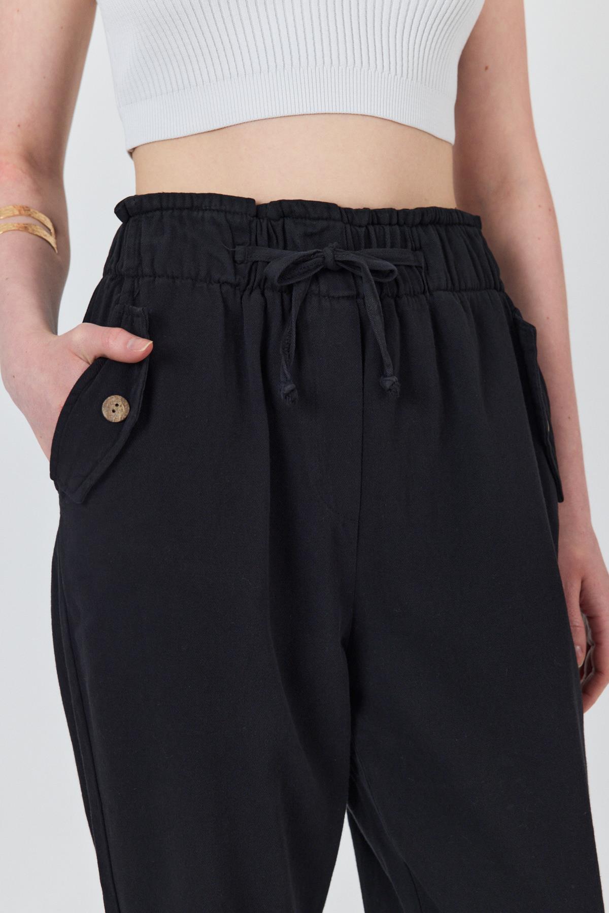 Siyah Cep Düğme Detaylı Bel Lastikli Pantolon 006 - 4