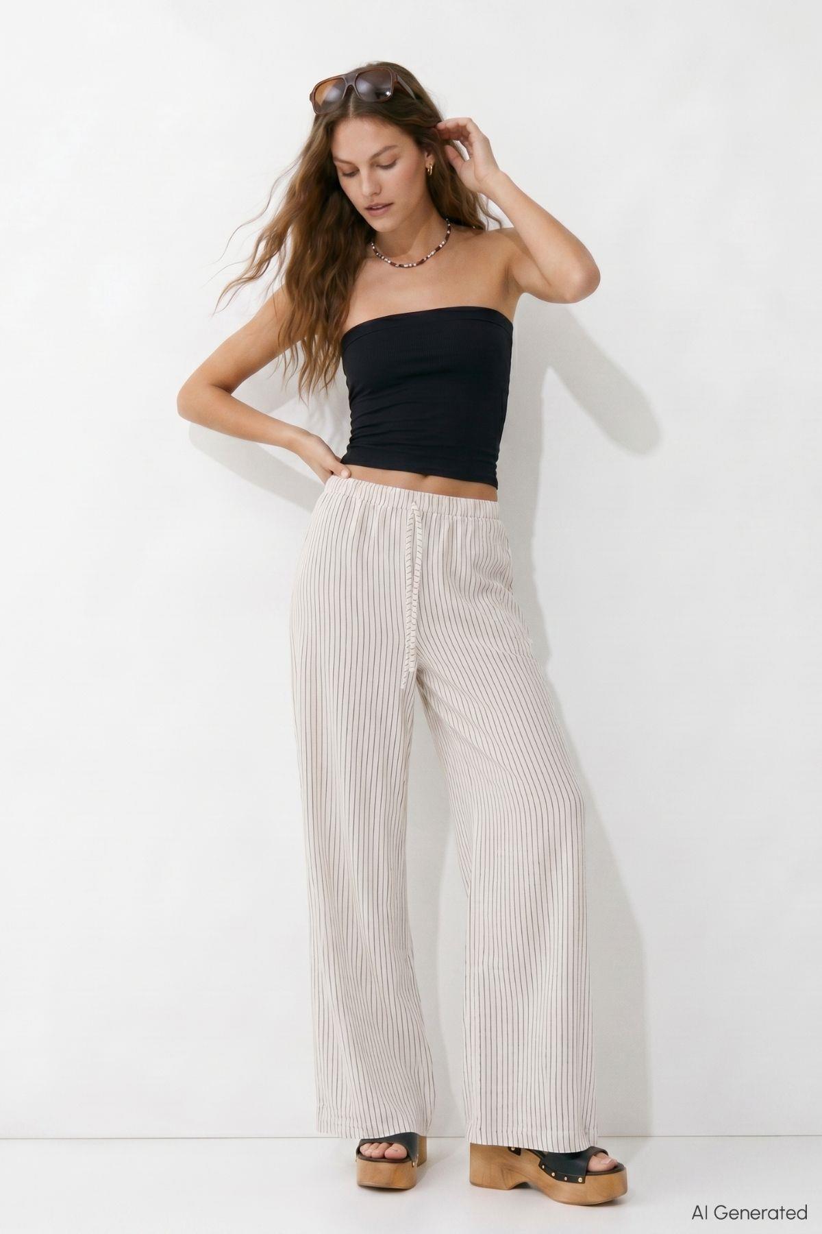 Cepli Çizgili Müslin Bol Paça Pantolon 8623A Siyah - RAYS