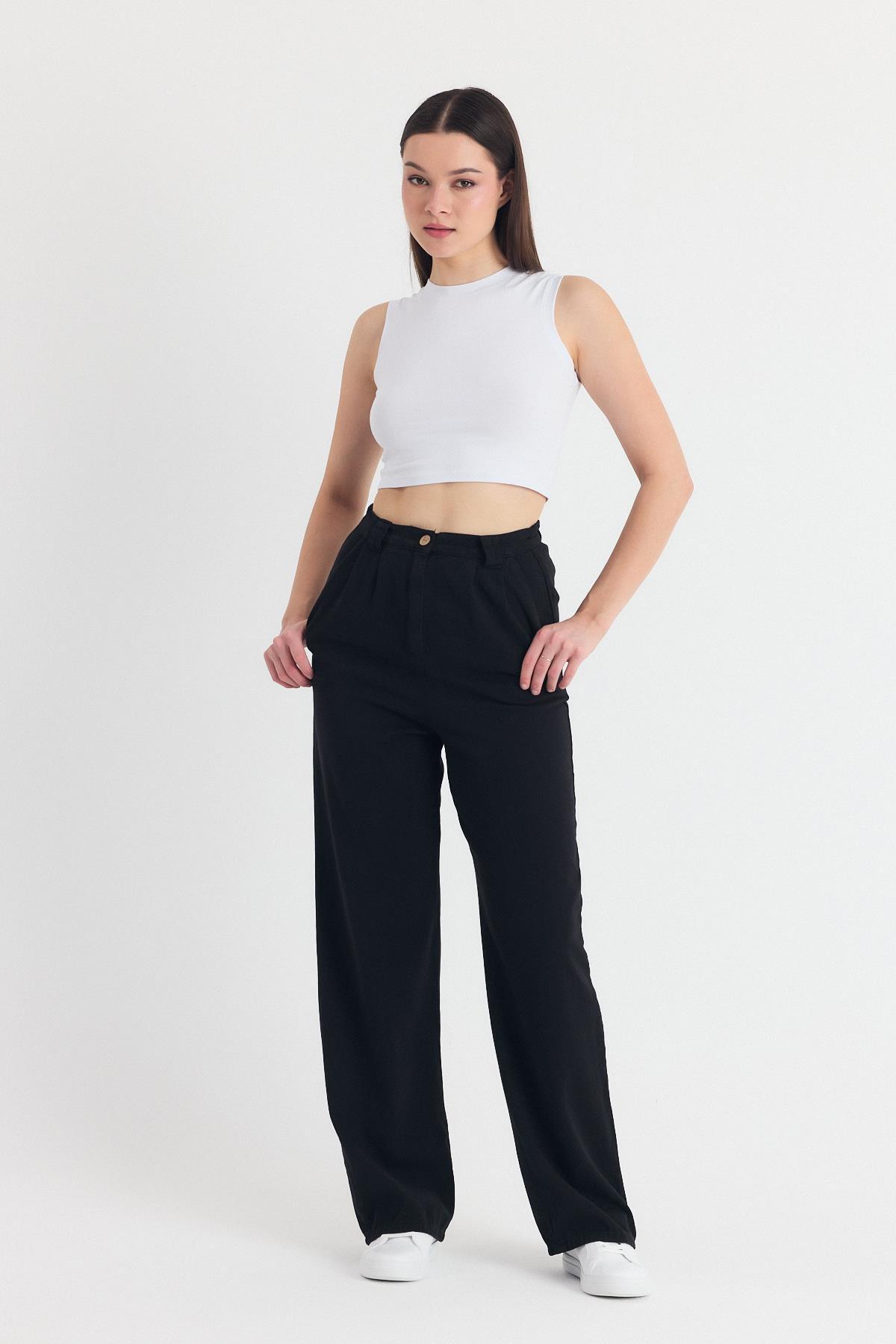 Siyah Cepli Pileli Geniş Paça Pantolon 7021 - 1