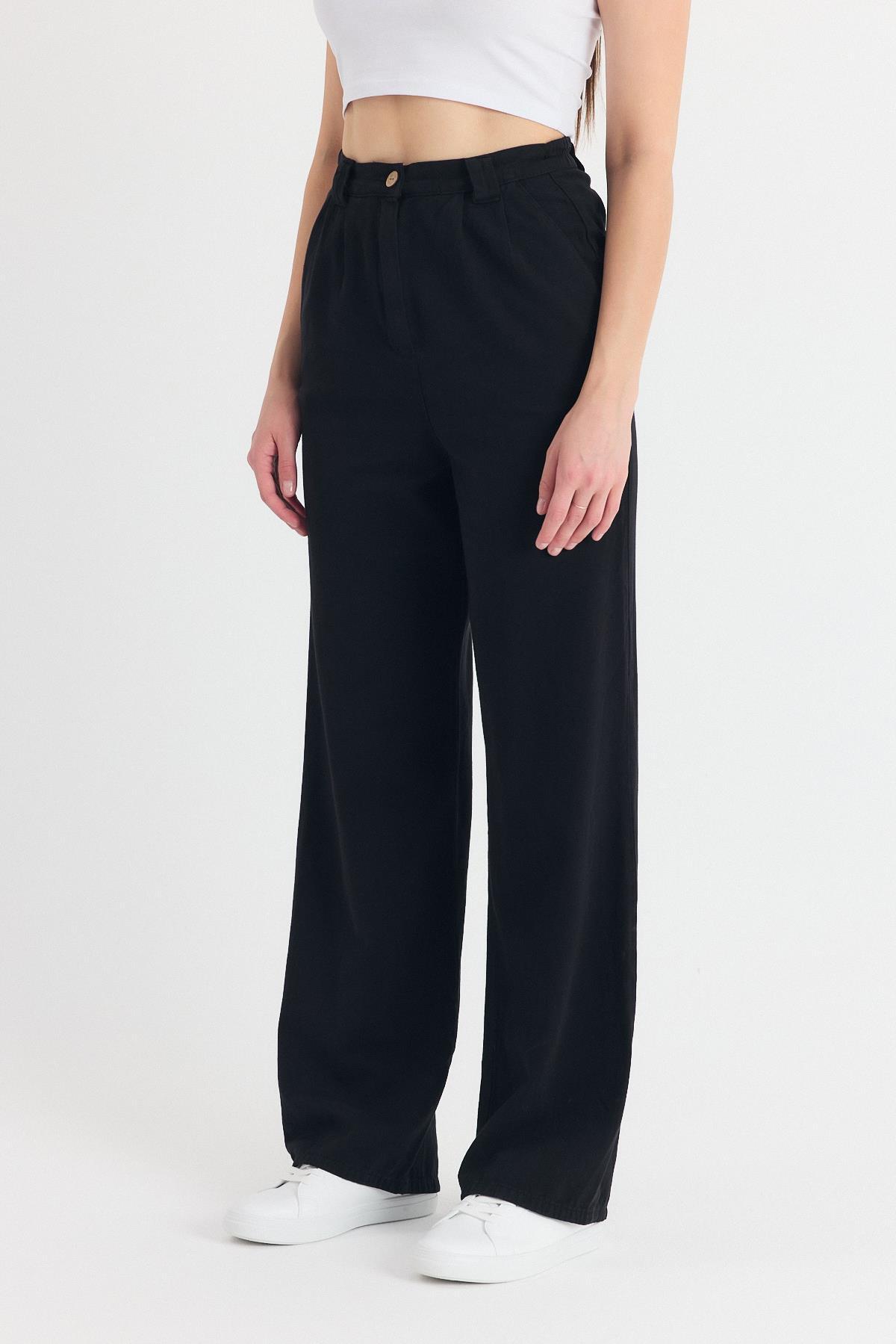 Siyah Cepli Pileli Geniş Paça Pantolon 7021 - 3