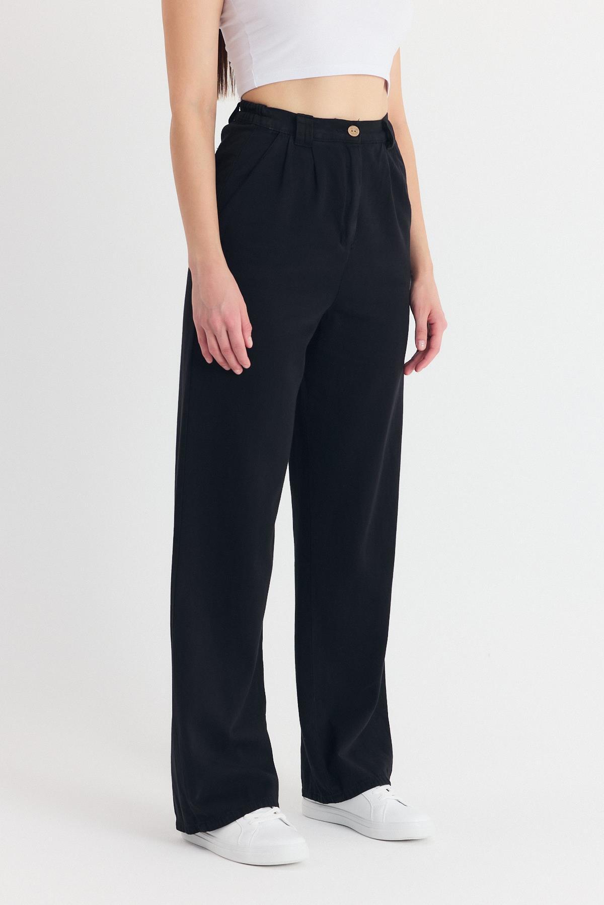 Siyah Cepli Pileli Geniş Paça Pantolon 7021 - 4