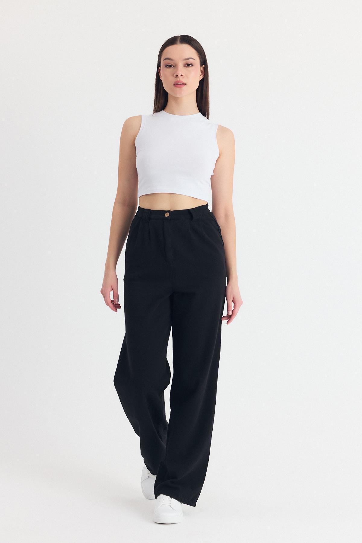 Siyah Cepli Pileli Geniş Paça Pantolon 7021 - 8