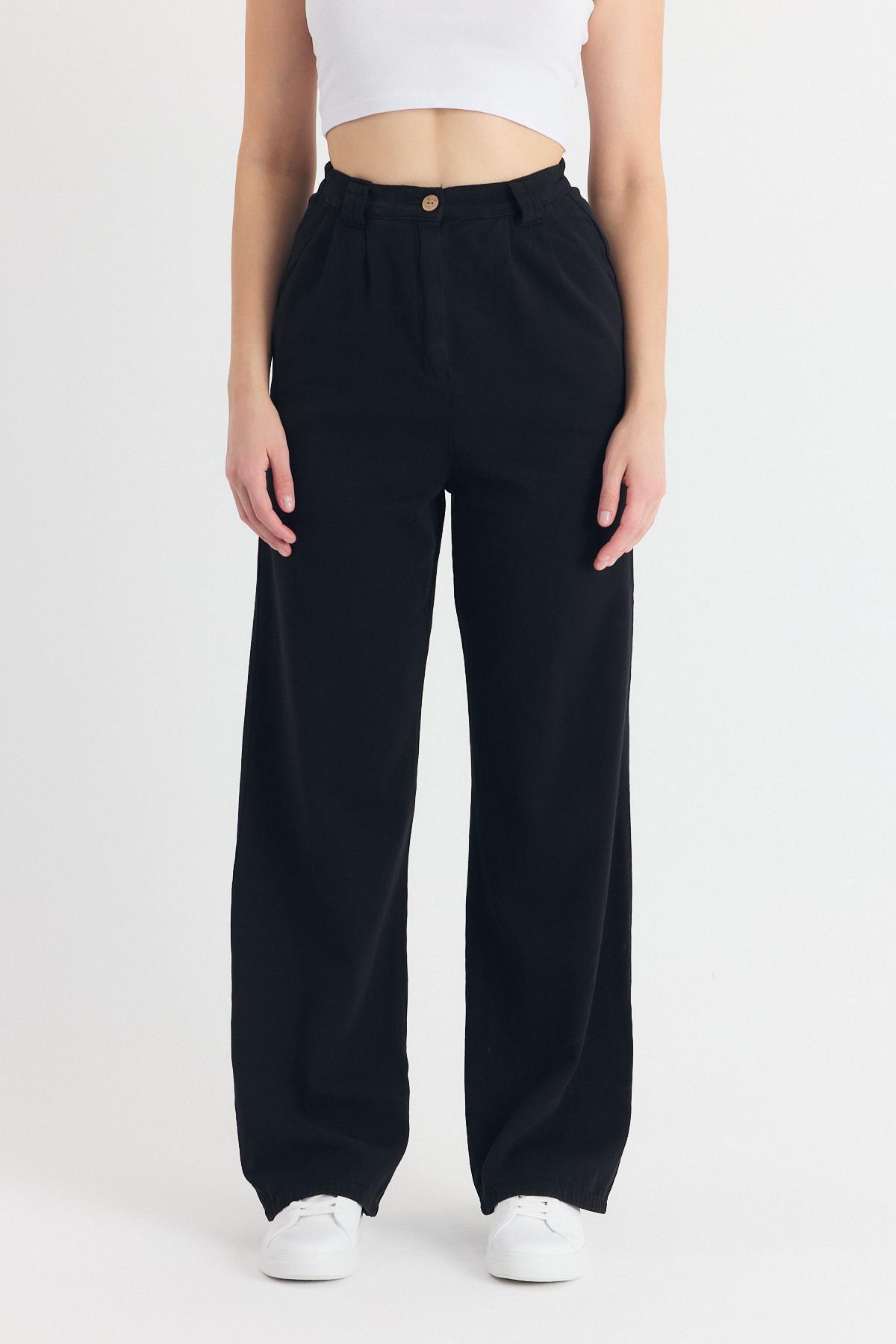 Siyah Cepli Pileli Geniş Paça Pantolon 7021 - 2