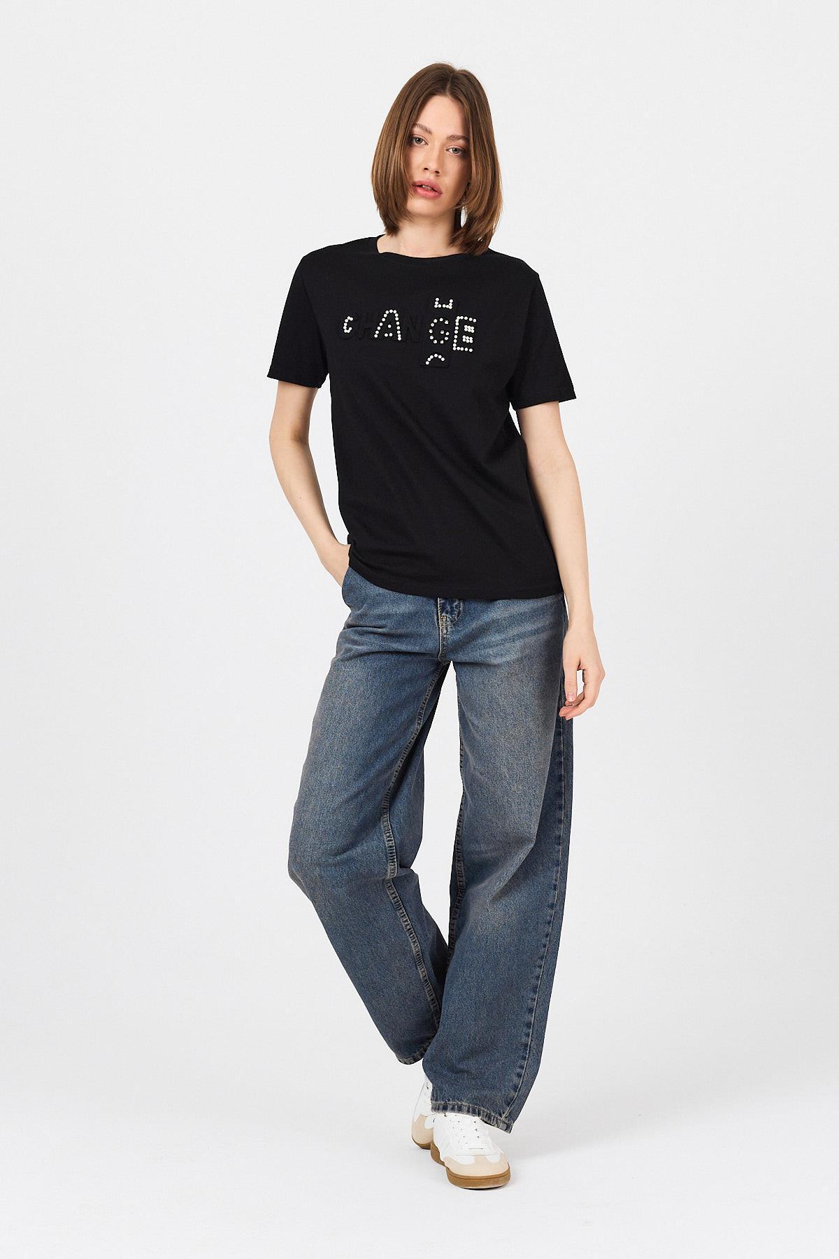 Siyah Change Yazı Kabartmalı Tişört 25227 - RAYS