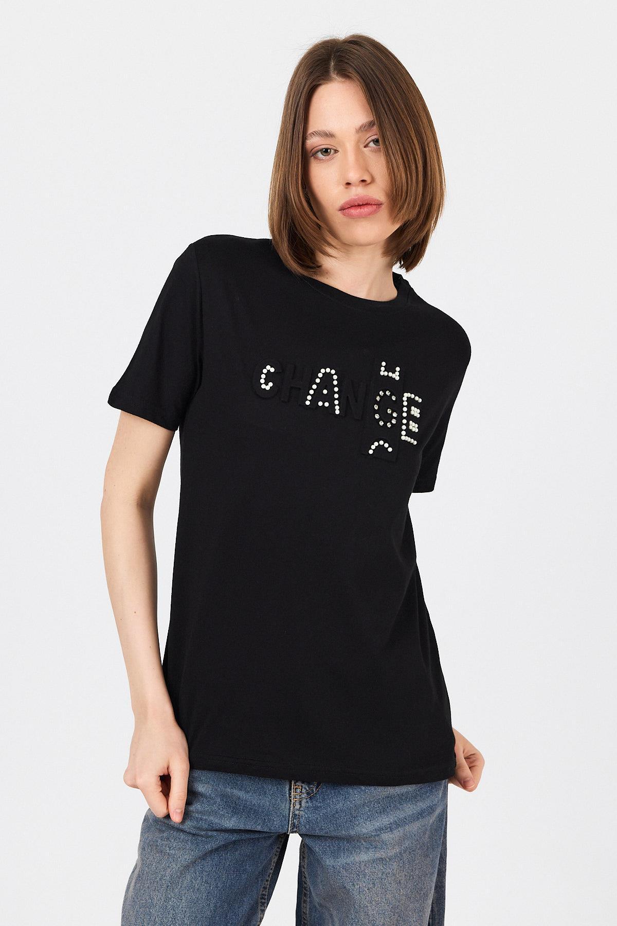 Siyah Change Yazı Kabartmalı Tişört 25227 - 1