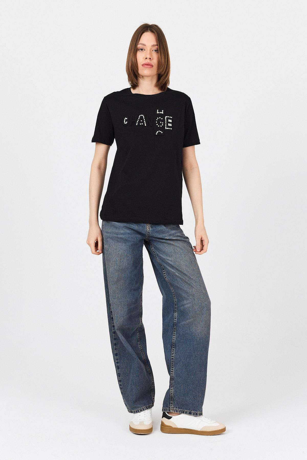 Siyah Change Yazı Kabartmalı Tişört 25227 - RAYS