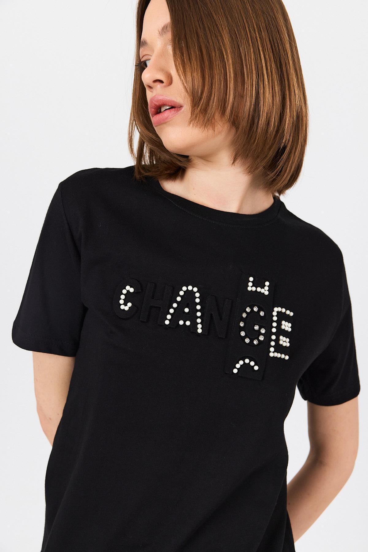 Siyah Change Yazı Kabartmalı Tişört 25227 - RAYS