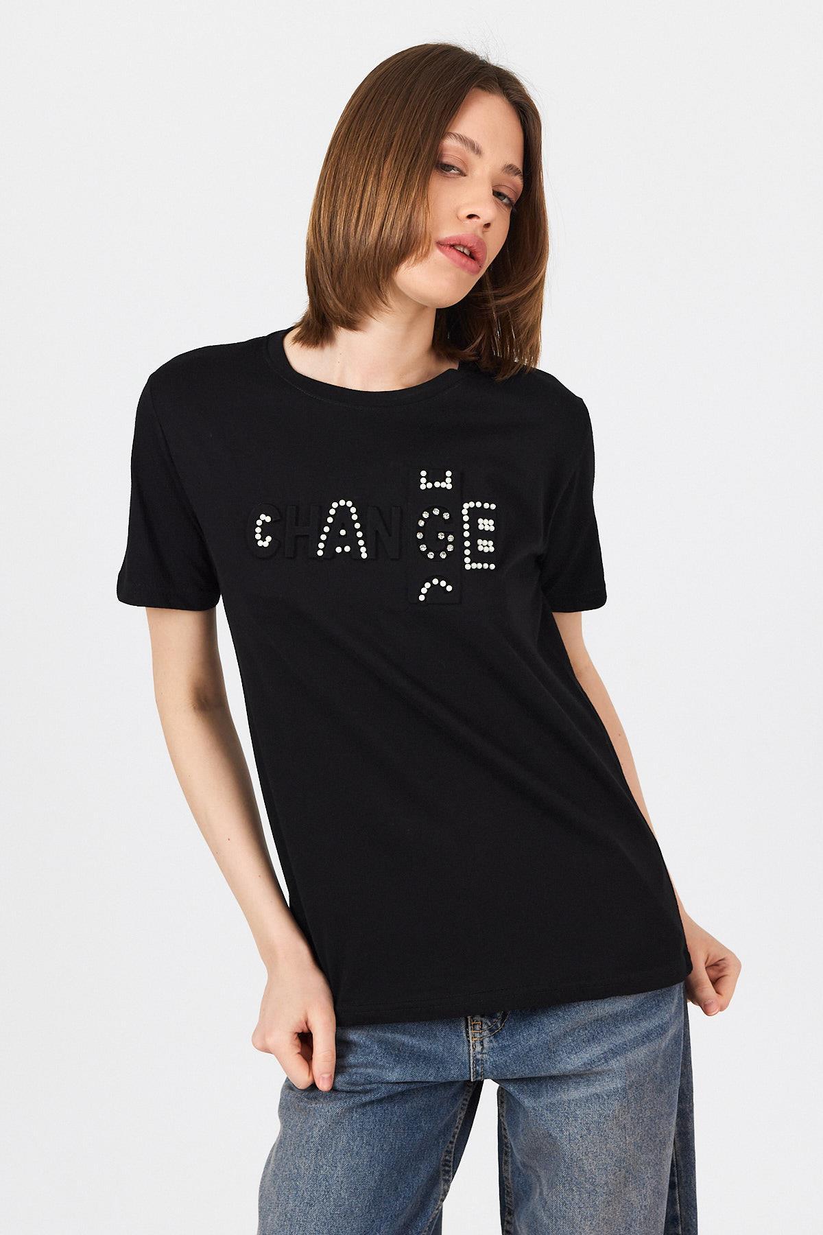 Siyah Change Yazı Kabartmalı Tişört 25227 - 6