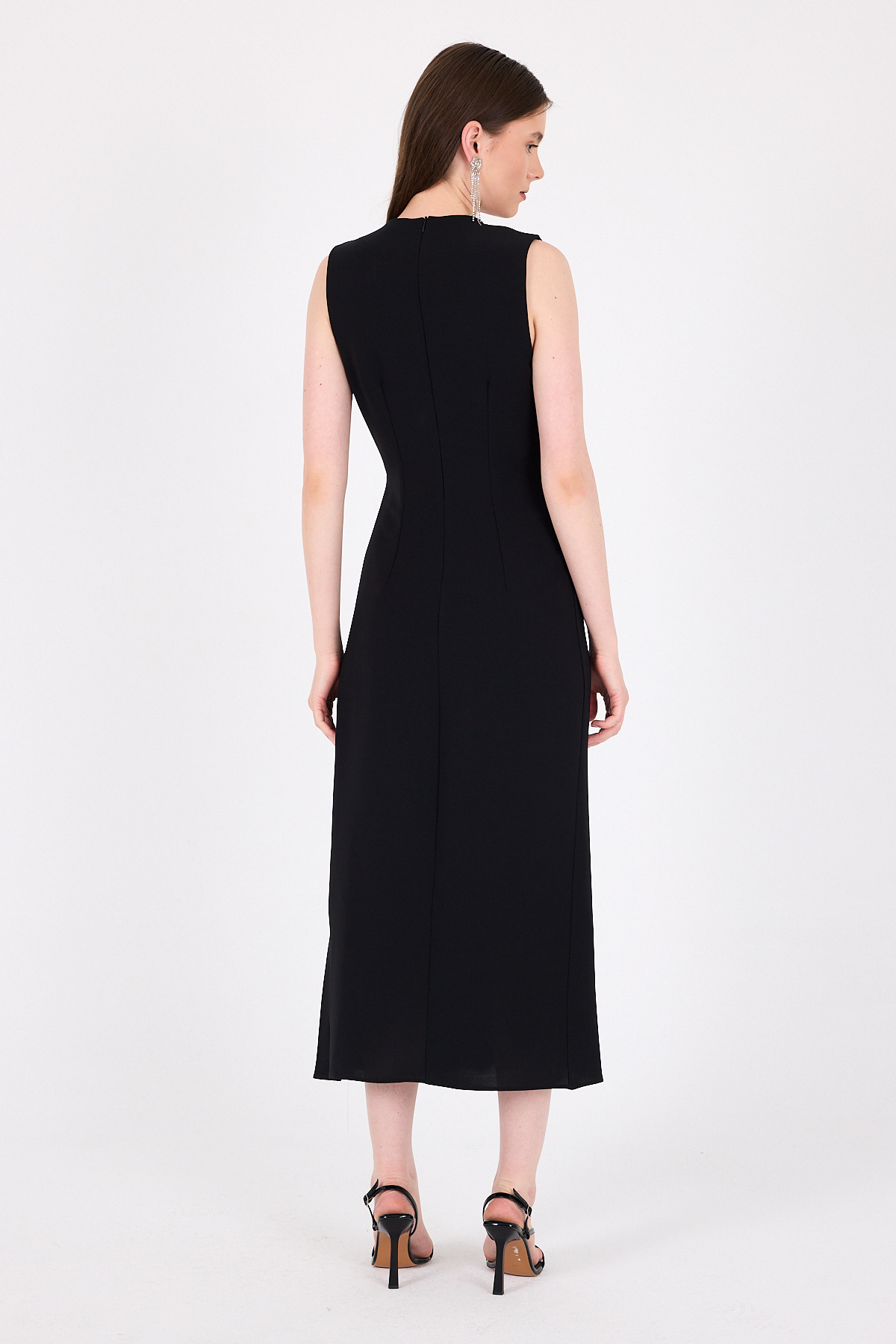 Siyah Çiçek Detaylı Pliseli Midi Abiye Elbise 251671 - 5