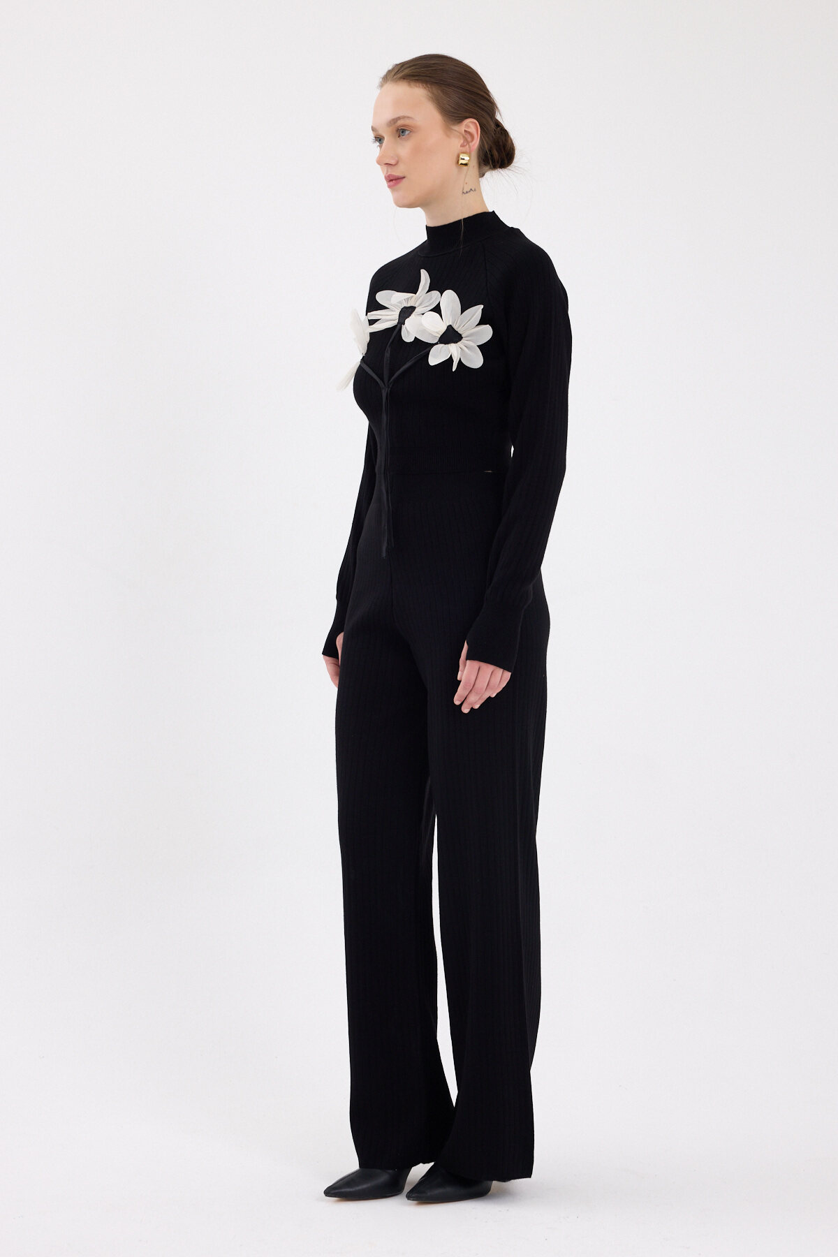 Siyah Çiçek Detaylı Triko Alt Üst Kadın Takım 7075 - 6