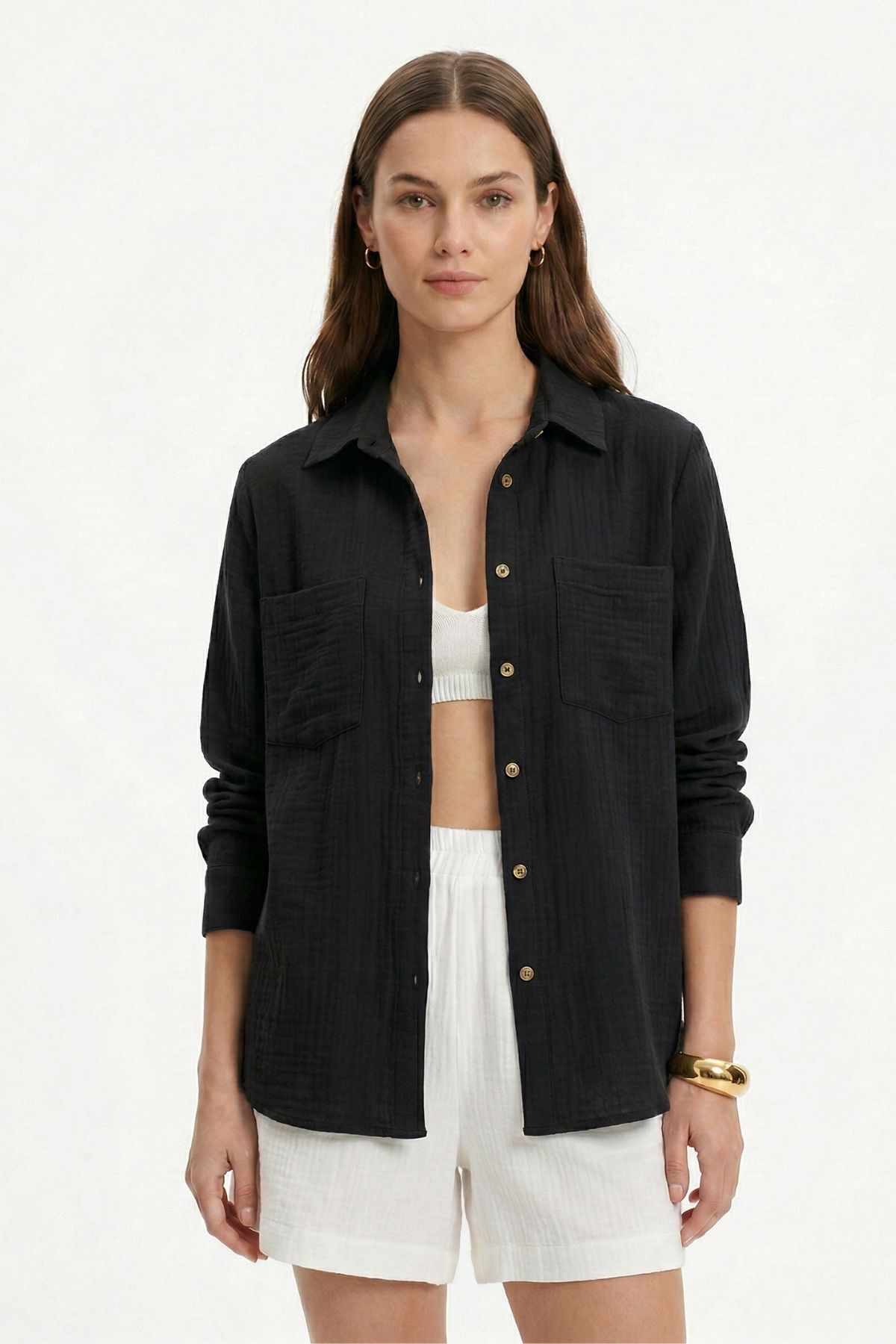 Siyah Çift Cepli Uzun Kol Gömlek 4829A - RAYS