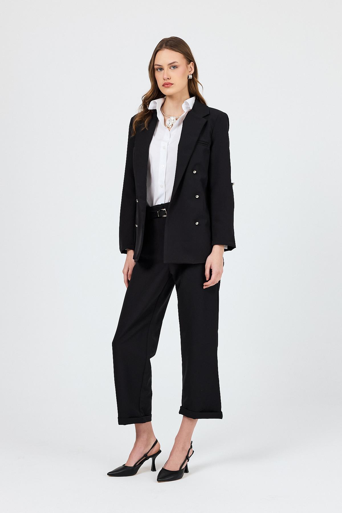 Siyah Çift Düğmeli Kemerli Takım 6670A - RAYS