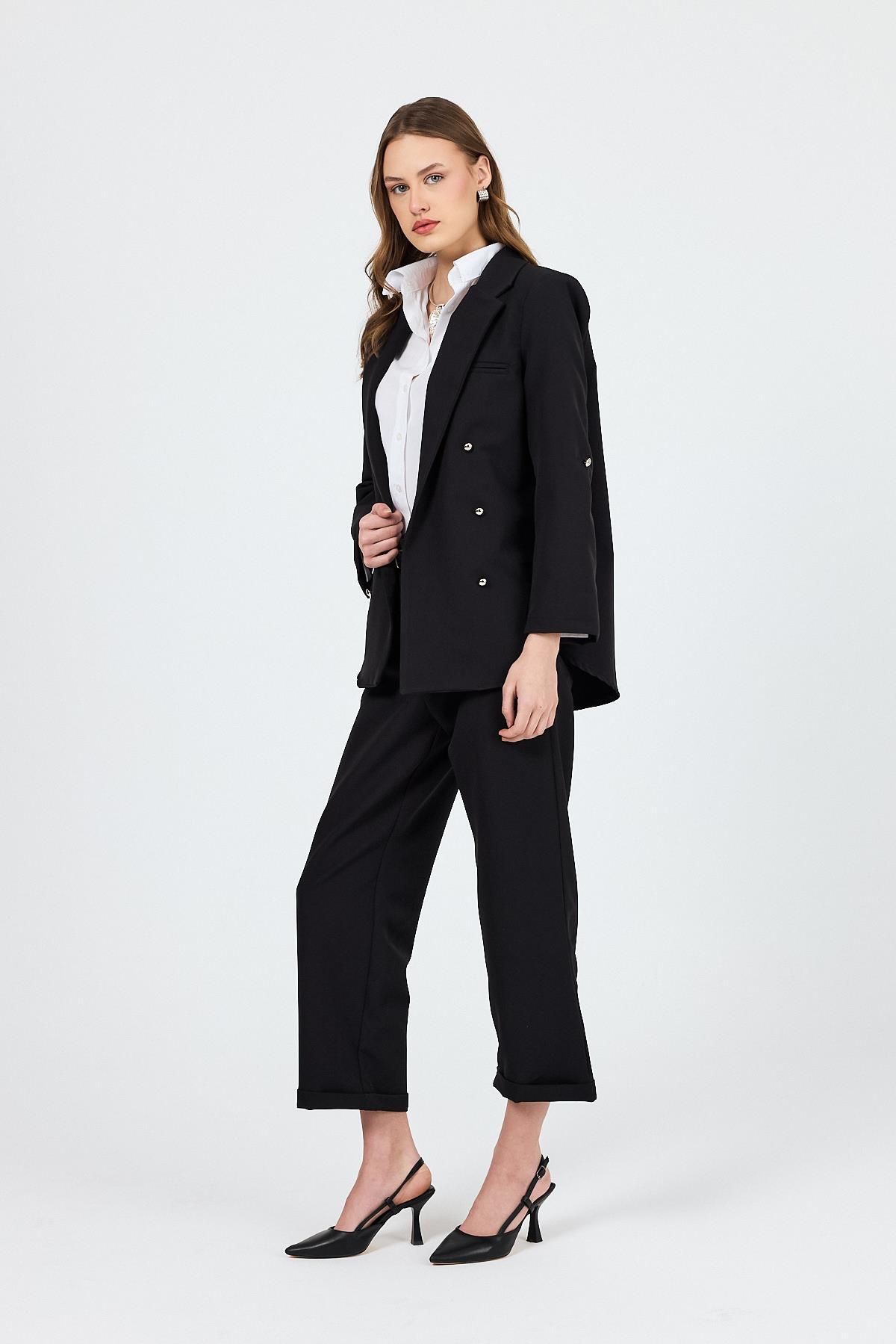 Siyah Çift Düğmeli Kemerli Takım 6670A - 2