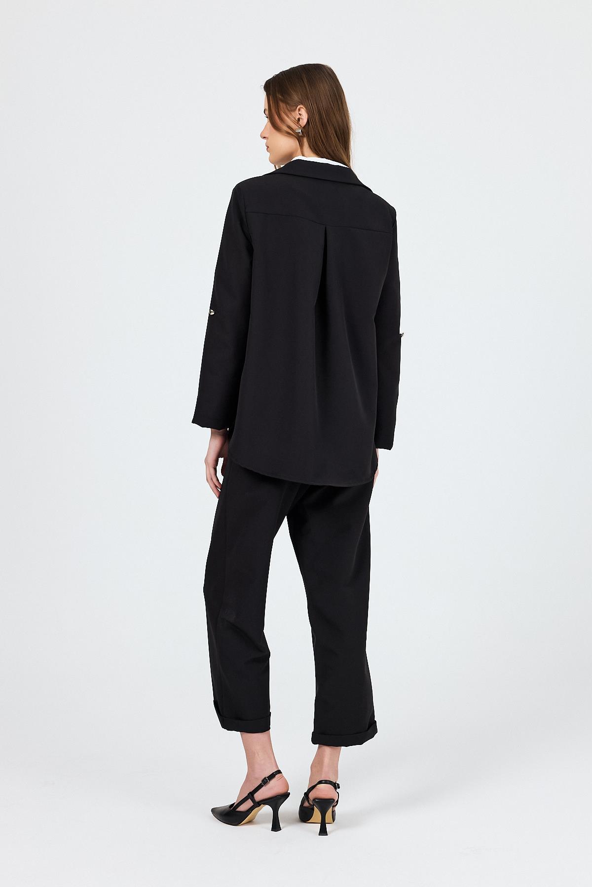 Siyah Çift Düğmeli Kemerli Takım 6670A - 5