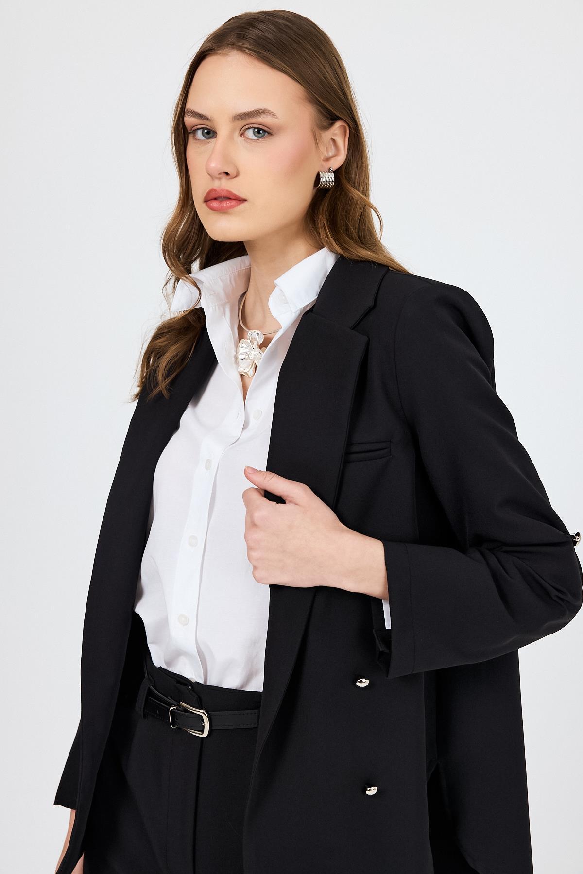 Siyah Çift Düğmeli Kemerli Takım 6670A - 6