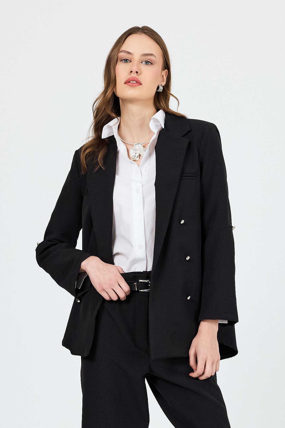 Siyah Çift Düğmeli Kemerli Takım 6670A - 3