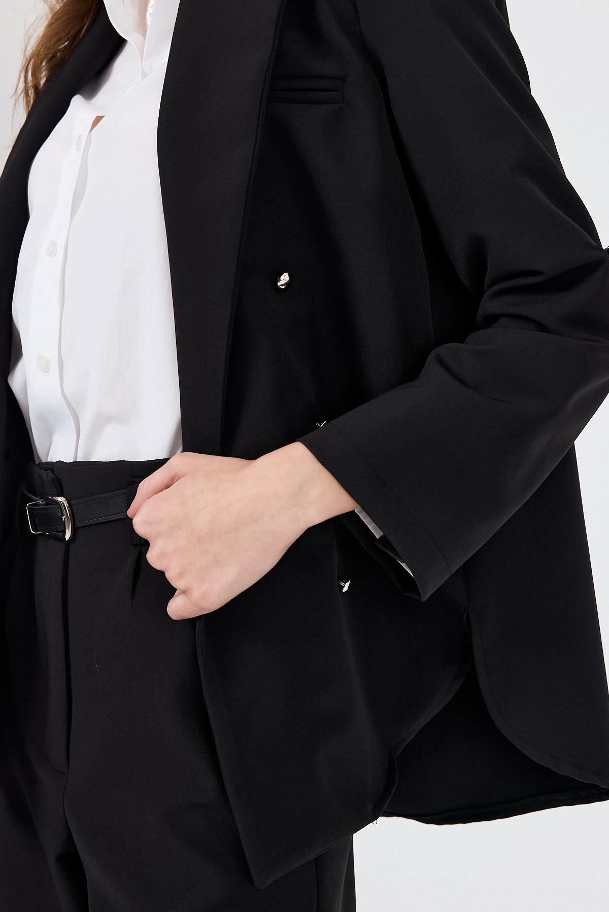 Siyah Çift Düğmeli Kemerli Takım 6670A - 8