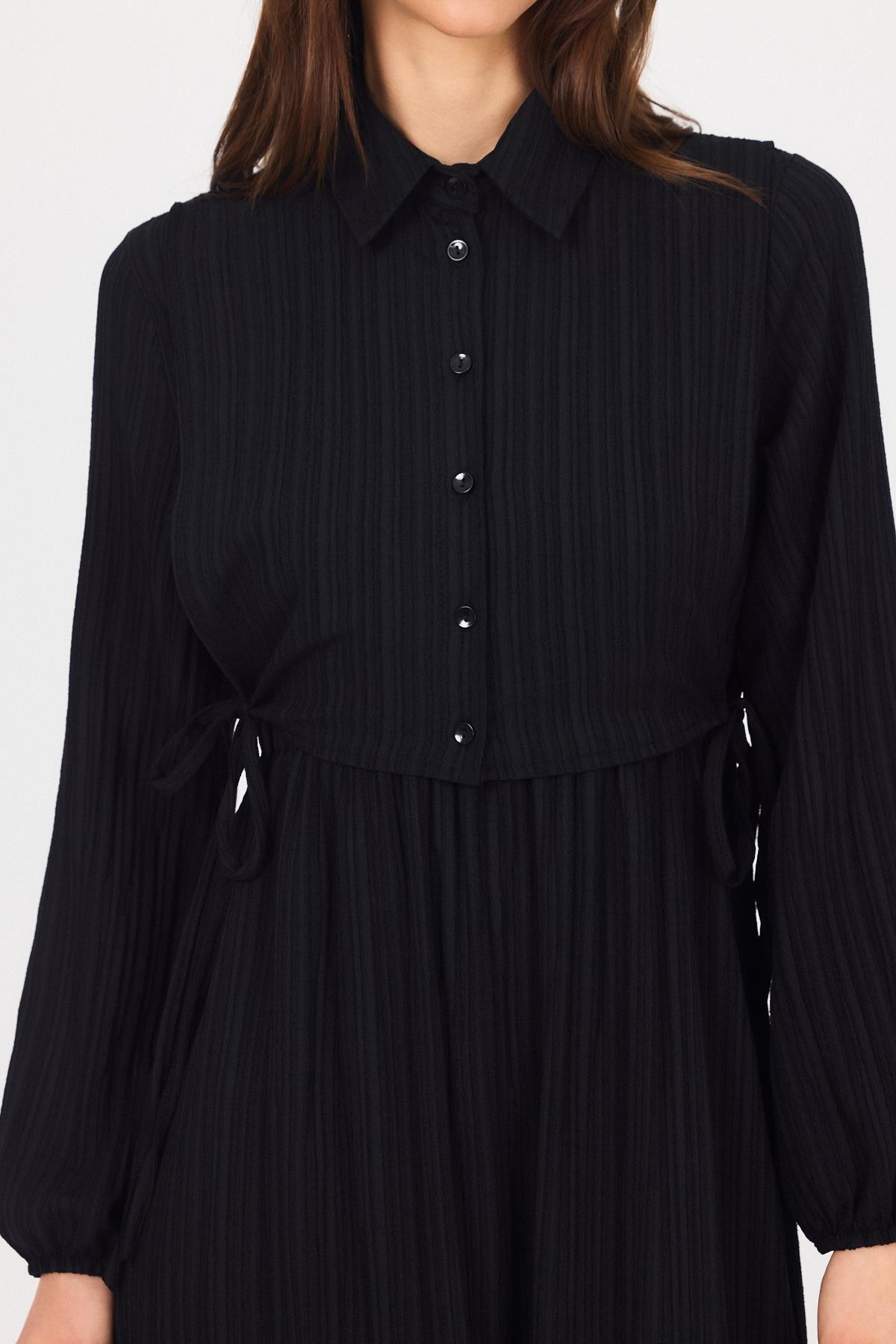 Siyah Çift Kullanımlı Çıkma Yakalı Dokuma Elbise 4652A - 4