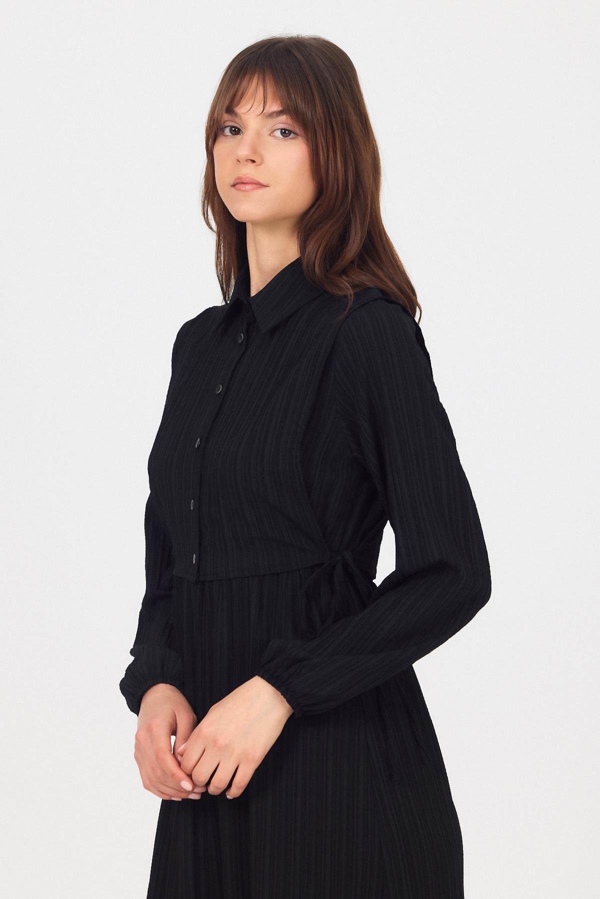 Siyah Çift Kullanımlı Çıkma Yakalı Dokuma Elbise 4652A - 7