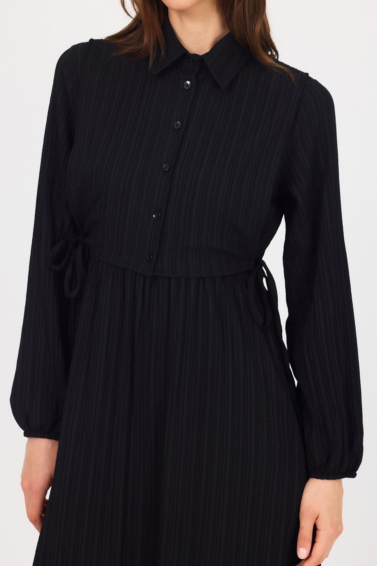 Siyah Çift Kullanımlı Çıkma Yakalı Dokuma Elbise 4652A - 8