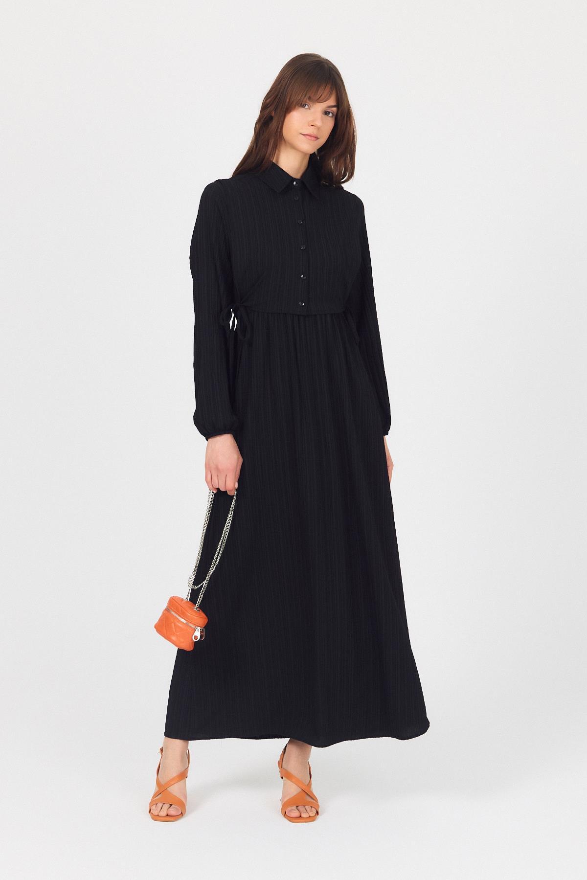 Siyah Çift Kullanımlı Çıkma Yakalı Dokuma Elbise 4652A - 1