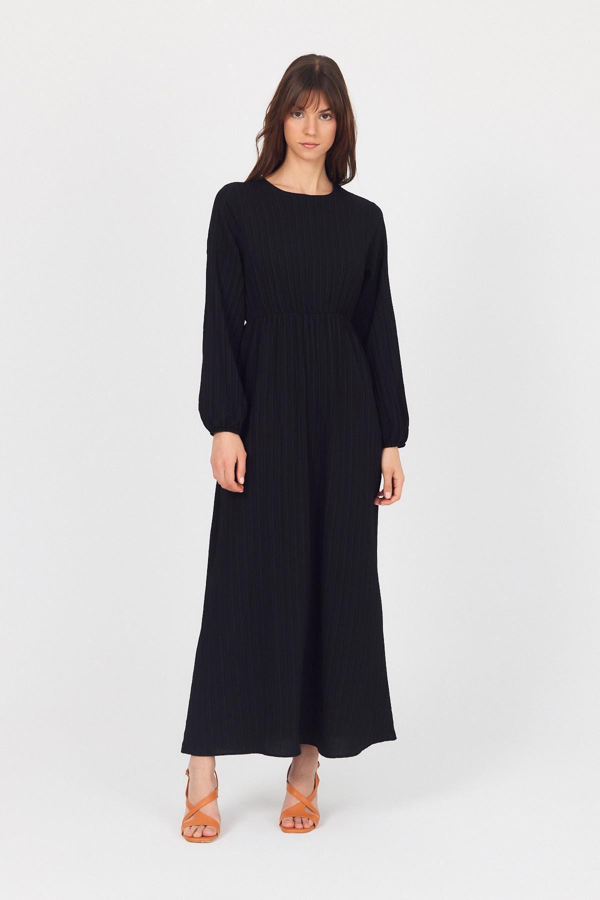 Siyah Çift Kullanımlı Çıkma Yakalı Dokuma Elbise 4652A - 2