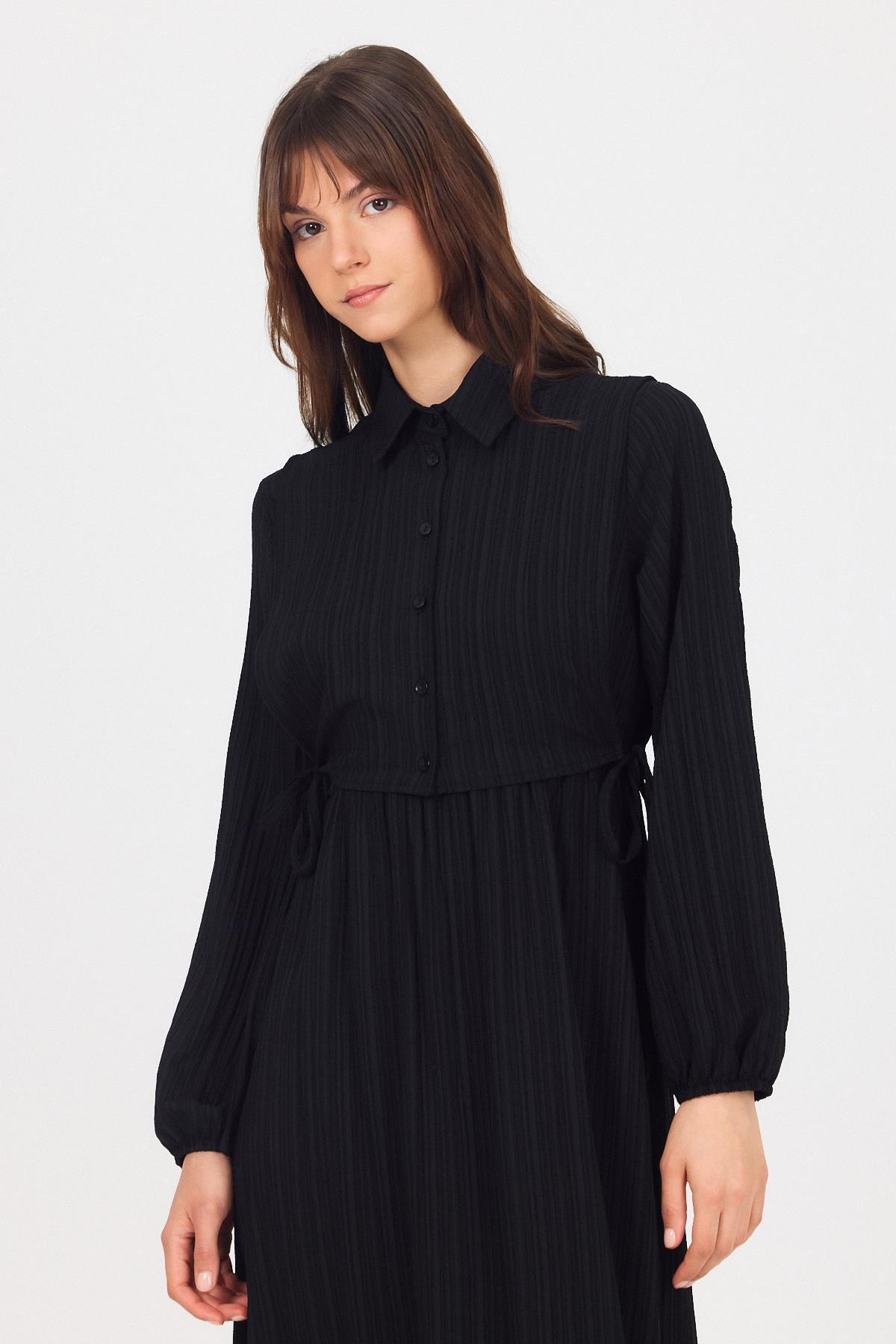 Siyah Çift Kullanımlı Çıkma Yakalı Dokuma Elbise 4652A - 3