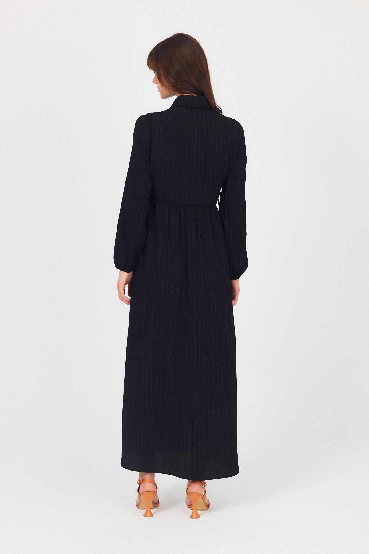 Siyah Çift Kullanımlı Çıkma Yakalı Dokuma Elbise 4652A - 5