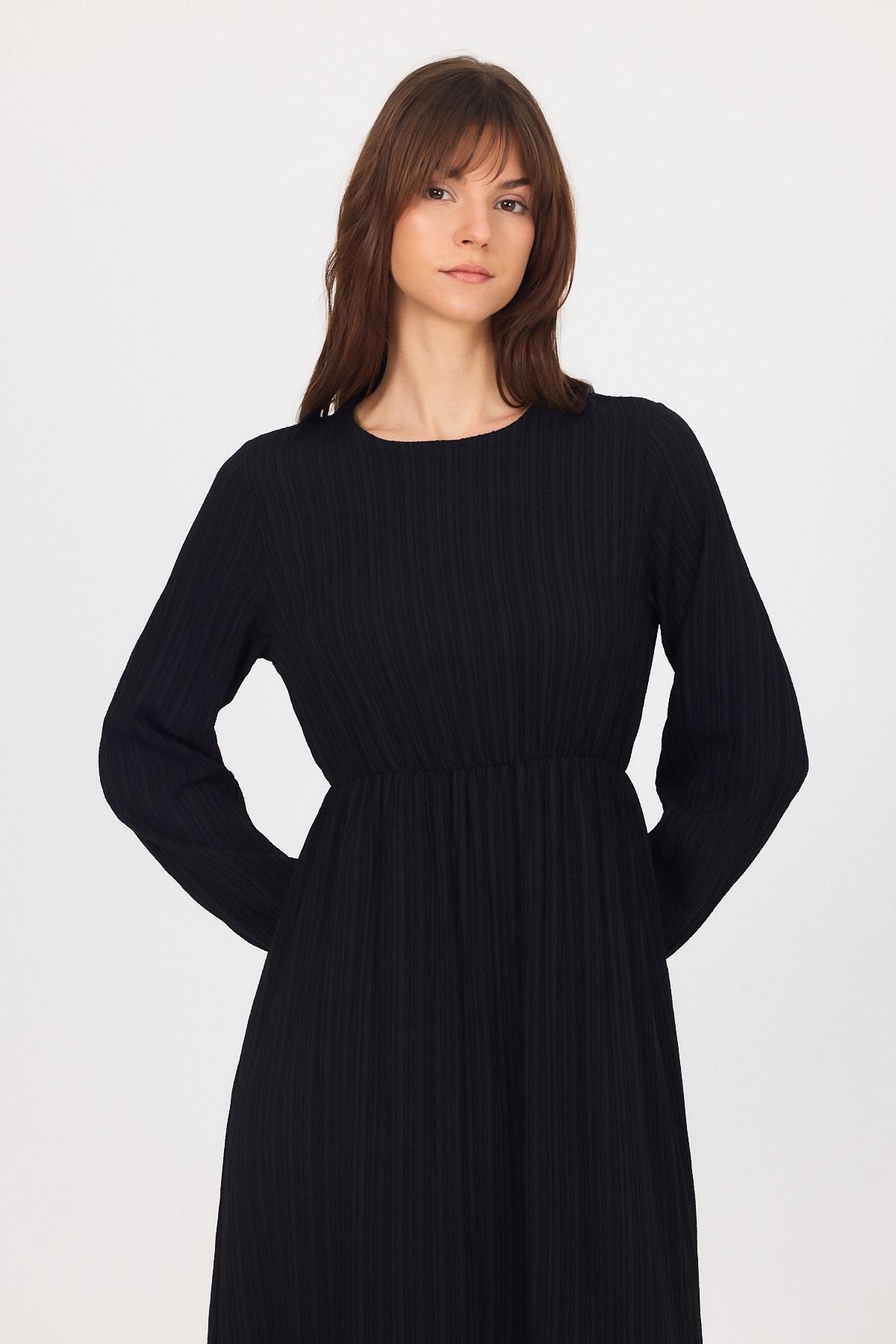 Siyah Çift Kullanımlı Çıkma Yakalı Dokuma Elbise 4652A - 6