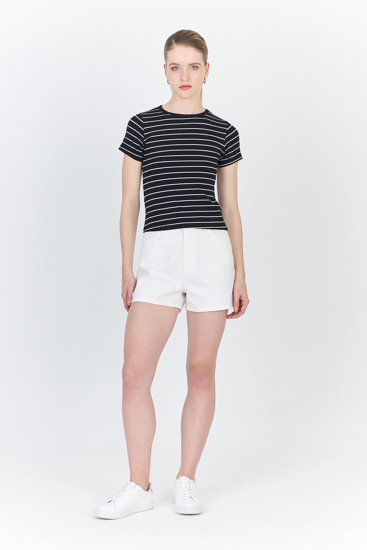 Siyah Çizgili Pamuklu Crop Tişört 4014 - 2