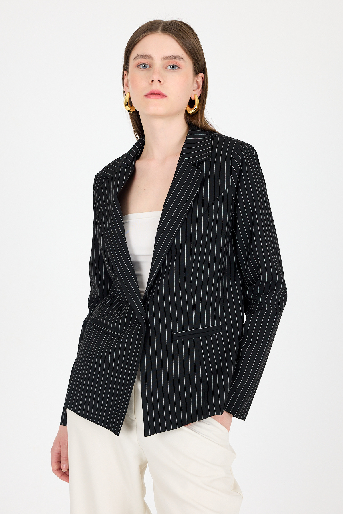 Siyah Çizgili Tek Düğmeli Blazer Ceket 4594A - 1
