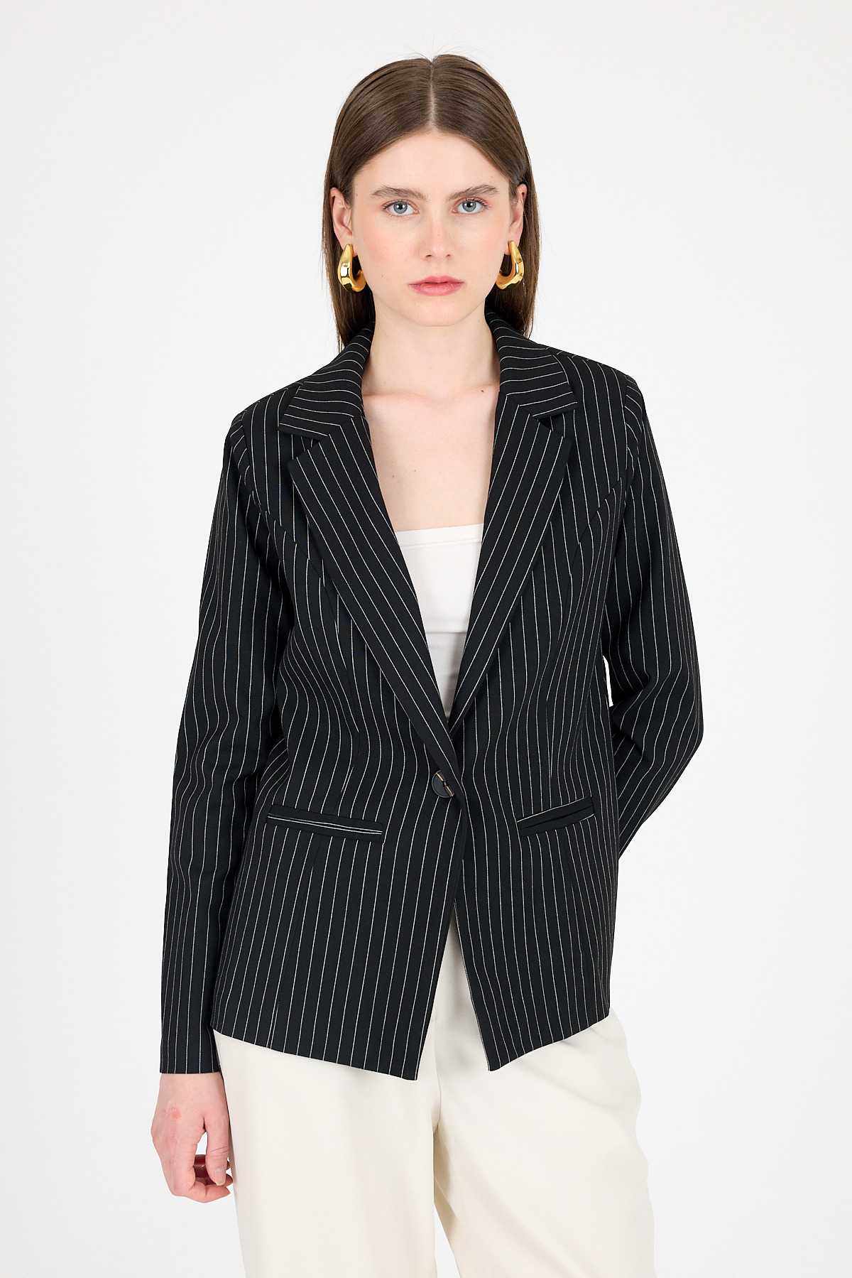 Siyah Çizgili Tek Düğmeli Blazer Ceket 4594A - RAYS