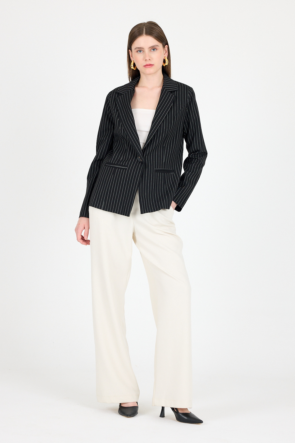 Siyah Çizgili Tek Düğmeli Blazer Ceket 4594A - 3