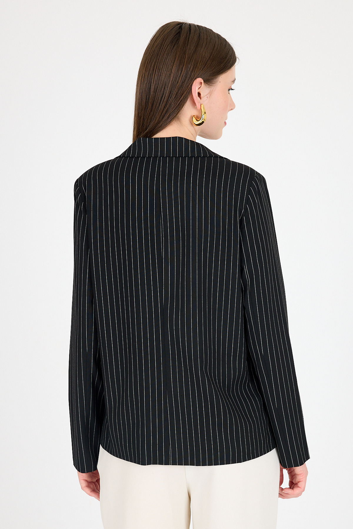 Siyah Çizgili Tek Düğmeli Blazer Ceket 4594A - 5