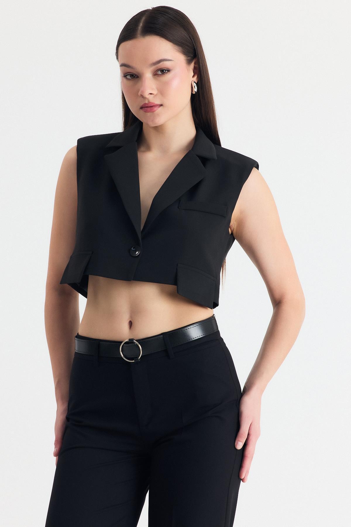 Siyah Crop Vatkalı Tek Düğme Cep Detay Yelek 6929 - RAYS