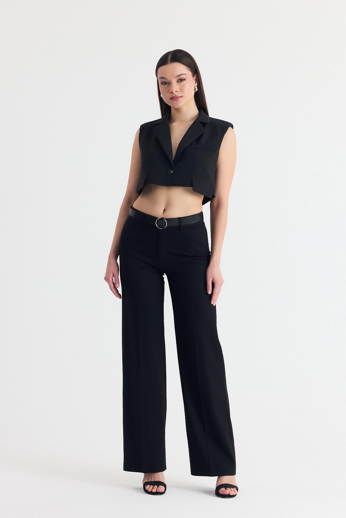 Siyah Crop Vatkalı Tek Düğme Cep Detay Yelek 6929 - RAYS