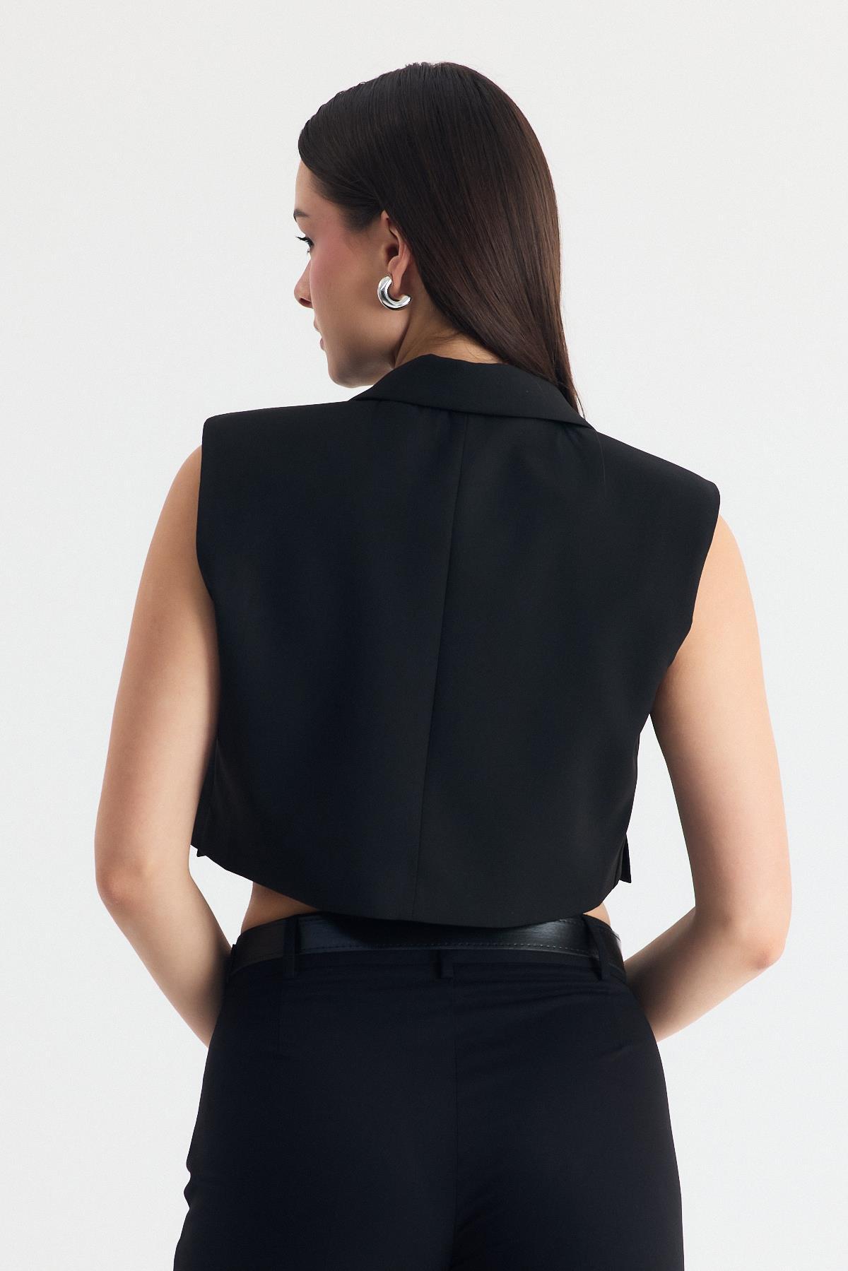 Siyah Crop Vatkalı Tek Düğme Cep Detay Yelek 6929 - 5