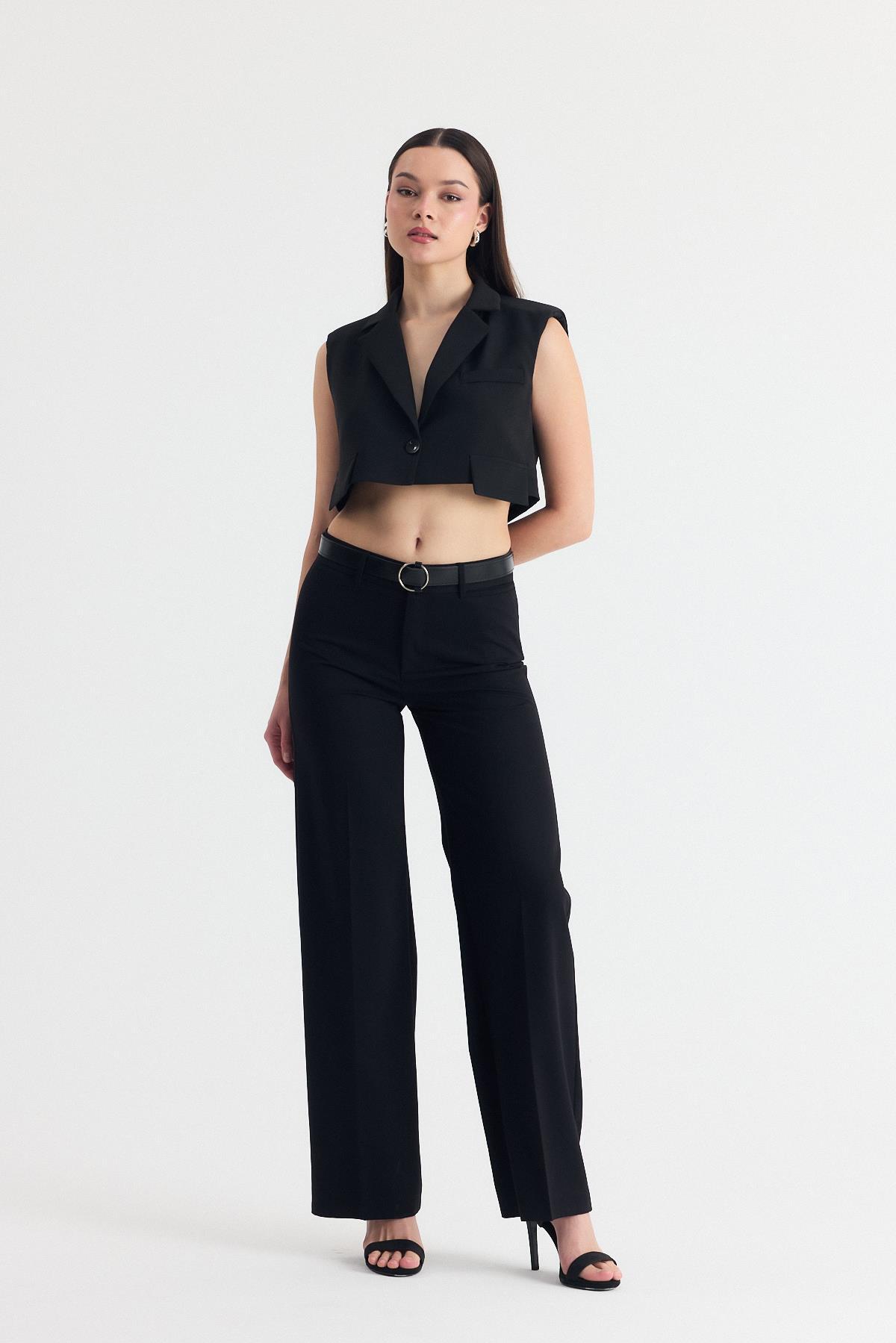 Siyah Crop Vatkalı Tek Düğme Cep Detay Yelek 6929 - 7