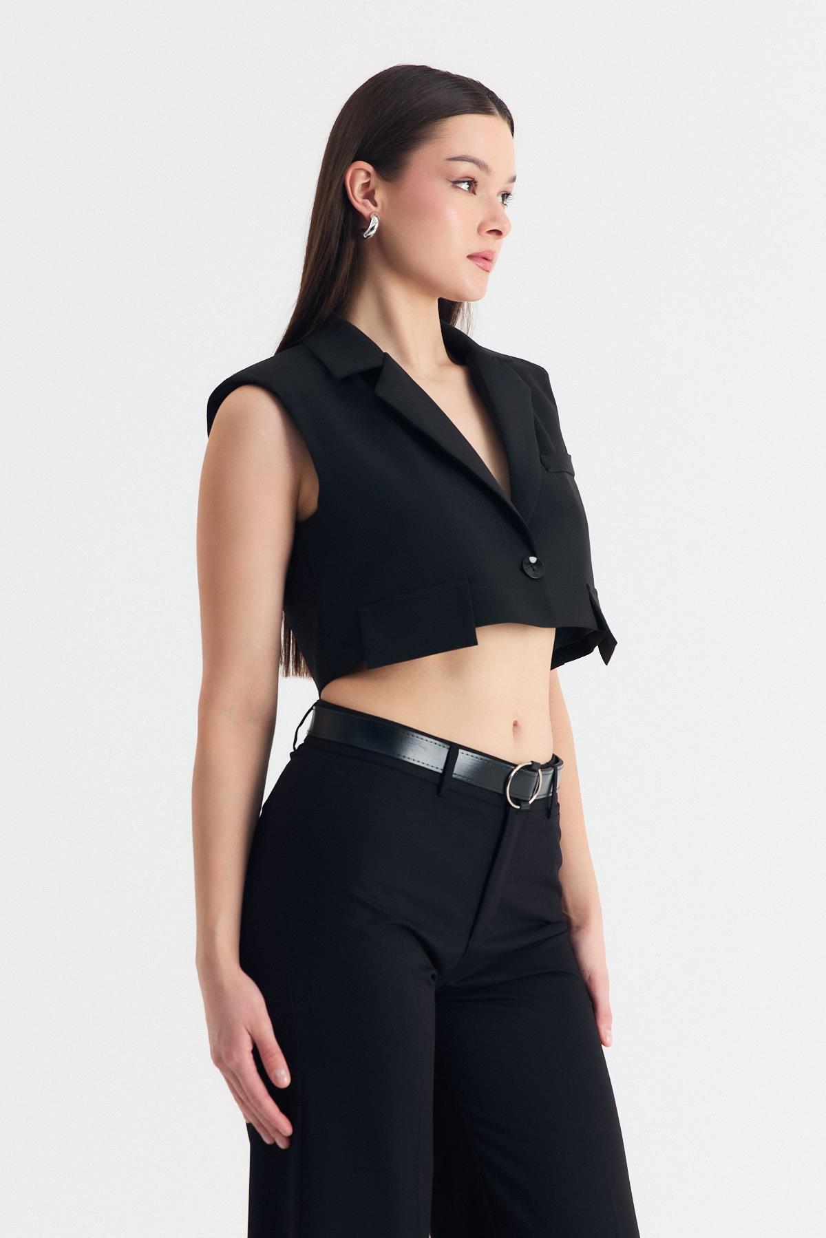 Siyah Crop Vatkalı Tek Düğme Cep Detay Yelek 6929 - 8