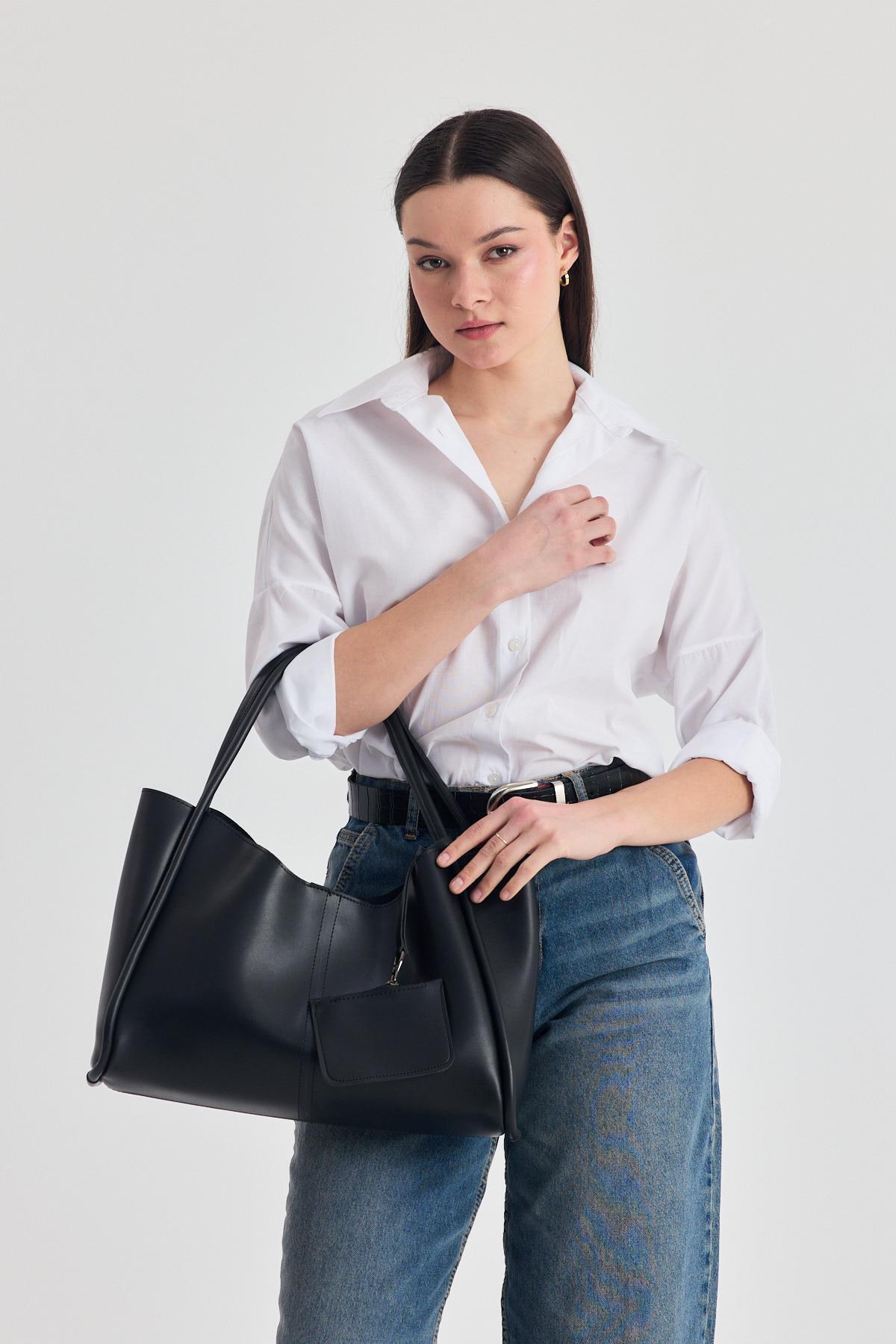 Siyah Cüzdanlı Büyük Omuz Çantası 3028 - 1