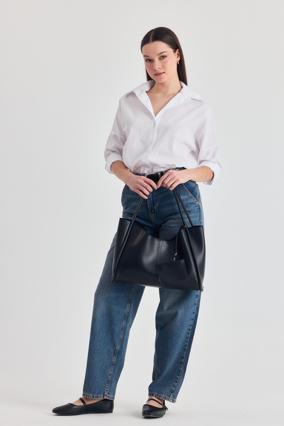 Siyah Cüzdanlı Büyük Omuz Çantası 3028 - 8