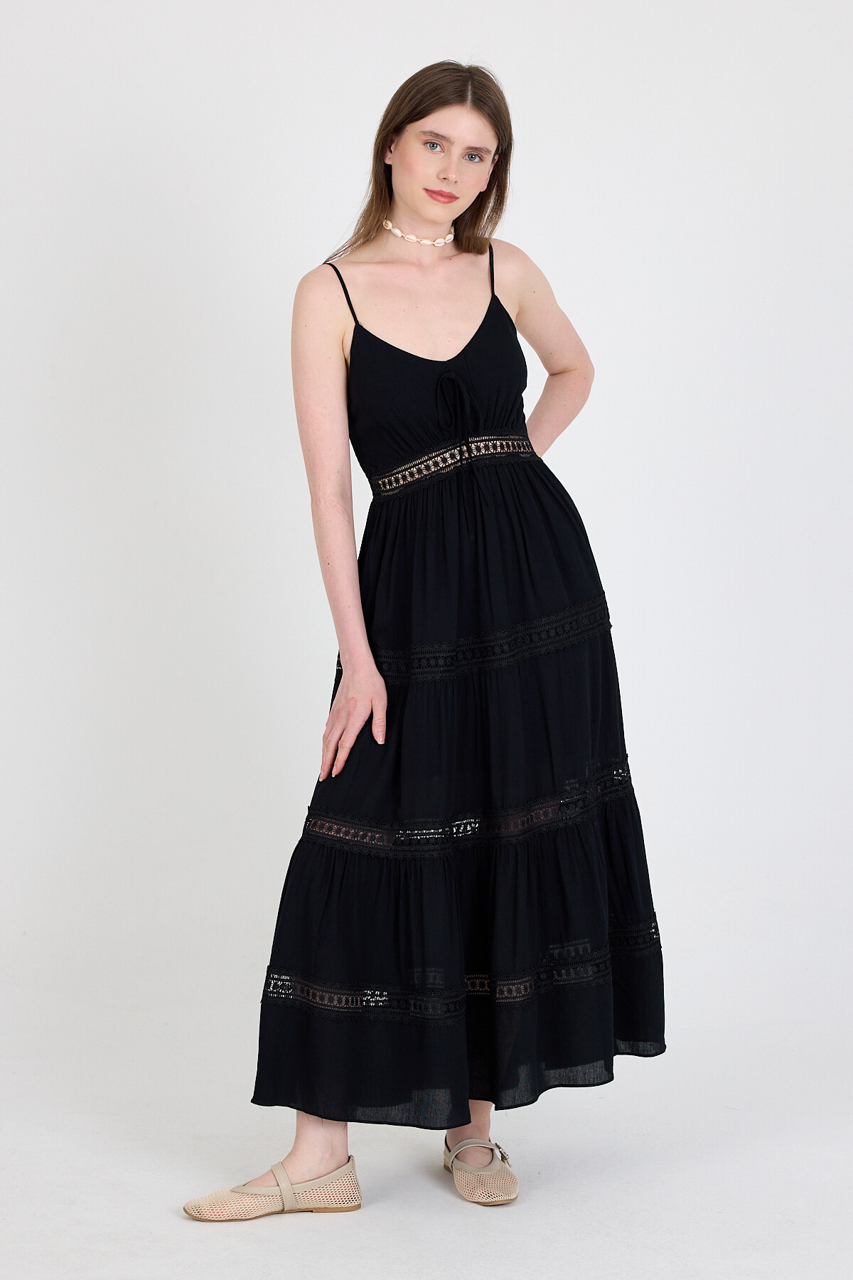 Siyah Dantel Detaylı Askılı Elbise 251699 