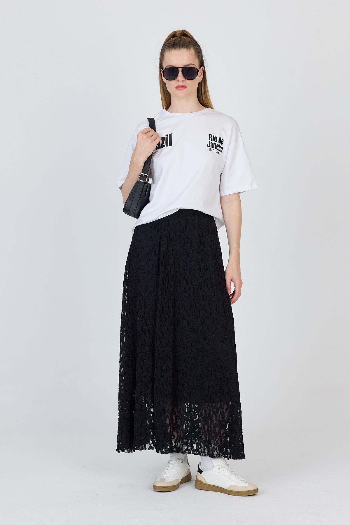 Siyah Dantel Detaylı Astarlı Etek 2582 